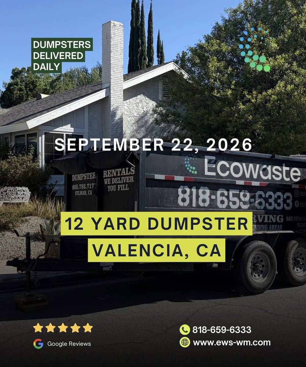 ecowastewm's tweet photo. Dumpster Rental in Valencia, CA

🏠 Residential Cleanout
🚛 12 Yard Dumpster
🗓️ 1 Day Rental
⭐️ 5 Star Excellence

EWS covers Valencia in Santa Clarita Valley for dumpster rental under one of our territory brands 

🔗 https://t.co/v20zy3tDGm

Call or Text 📞 (661) 481-7708 https://t.co/Sw8Wqnotbm