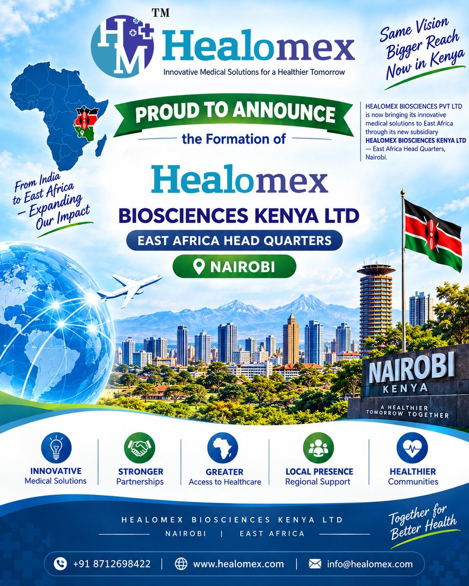 healomex's tweet photo. Healomex Expands to East Africa 🇰🇪
 Introducing Healomex Biosciences Kenya Ltd – East Africa Headquarters, Nairobi

#Healomex #HealomexBiosciences #HealomexKenya #Kenya #Nairobi #EastAfrica #Healthcare #MedicalSolutions #HealthcareInnovation #MedicalInnovation https://t.co/GQKpkOjv1P
