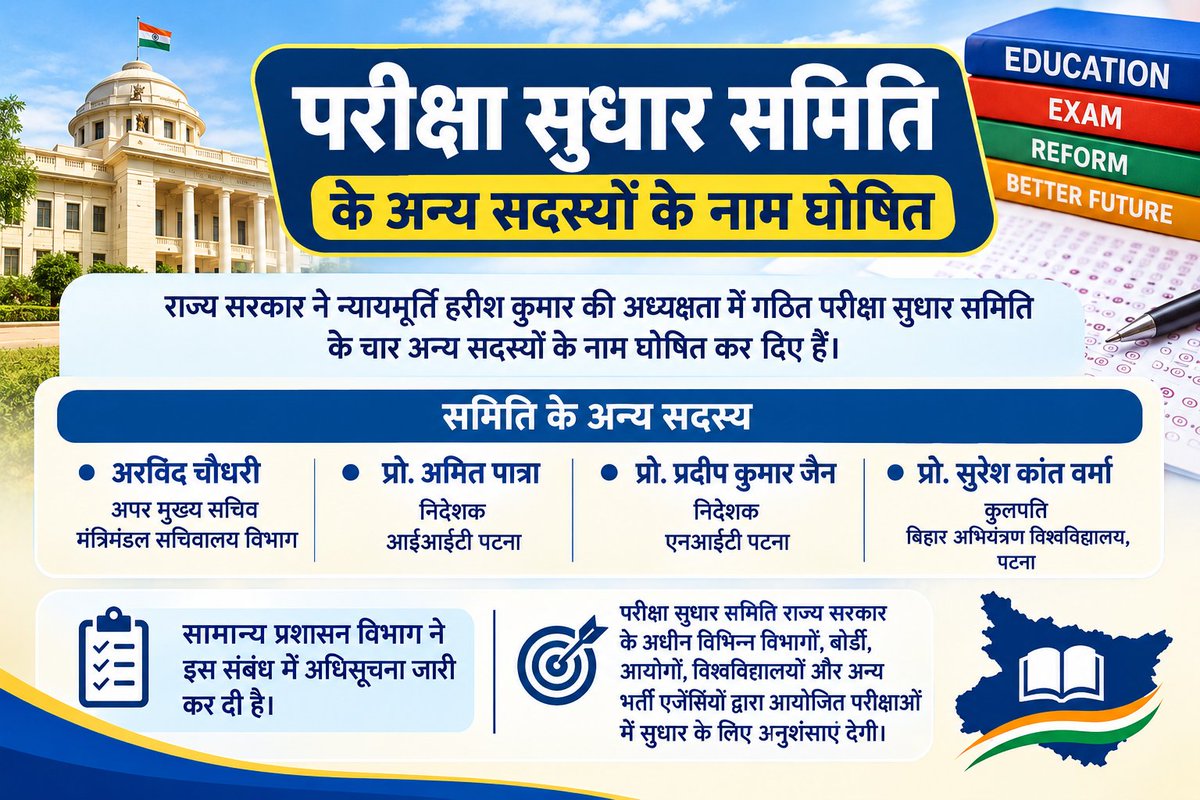 airnews_patna's tweet photo. #BIHAR #PATNA: राज्य सरकार ने न्यायमूर्ति हरीश कुमार की अध्यक्षता में गठित परीक्षा सुधार समिति के चार अन्य सदस्यों के नाम घोषित कर दिए हैं। 
▶️सामान्य प्रशासन विभाग ने इस संबंध में अधिसूचना जारी कर दी है। 
▶️परीक्षा सुधार समिति राज्य सरकार के अधीन विभिन्न विभागों, बोर्डों, आयोगों, विश्वविद्यालयों और अन्य भर्ती एजेंसियों द्वारा आयोजित परीक्षाओं में सुधार के लिए अनुशंसाएं देगी।