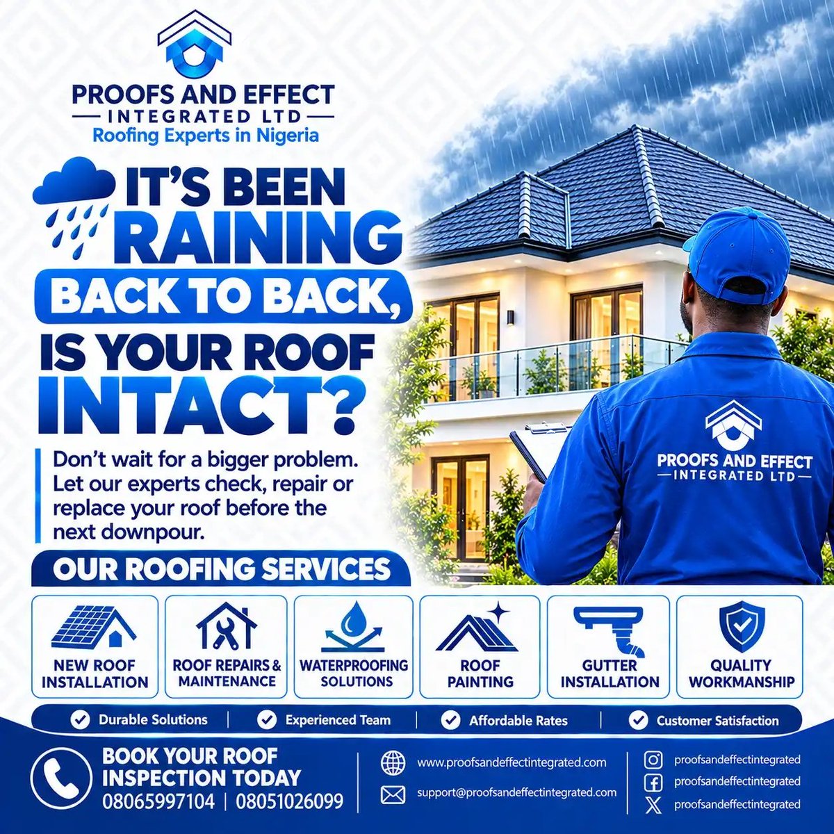 proofsandeffect's tweet photo. 🌧️ RAINING BACK TO BACK? 
DON’T WAIT FOR A ROOF PROBLEM!

Is your roof truly ready for the next downpour? 🏠
From roof repairs and maintenance to waterproofing, new roof installation and gutter solutions, Proofs and Effect Integrated Ltd has you covered.

Protect your home. https://t.co/UnMB93OUPF
