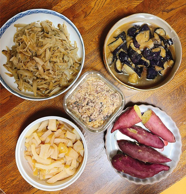 minako4949's tweet photo. 【少なめだけど、好きなものばかり】

今日の作り置きは少なめ。茄子の煮びたしにごぼう、切り干し大根とさばの合わせ、林檎煮、ふかし芋など、好きなものがそろったから十分。 https://t.co/EdNmnlC4al