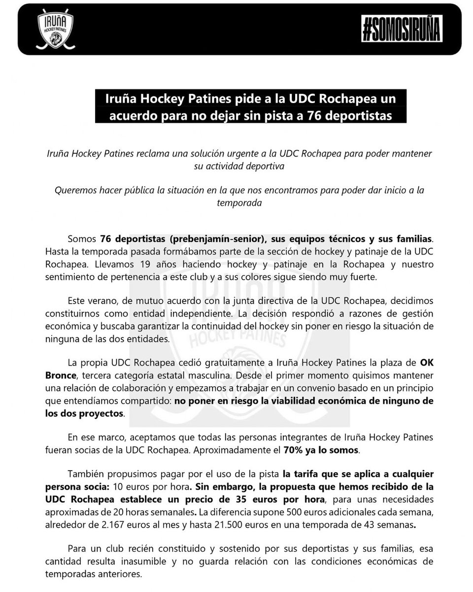 irunahp's tweet photo. Nota de prensa de la Junta Directiva del Iruña Hockey Patines.

@UDCROCHAPEA 
@gob_na 
@Pamplona_ayto 
@deporte_na 
@DiariodeNavarra 
@NoticiasNavarra 
@NavarraTV 
@mavichina 
@josebaasiron 
@FedPatinaje https://t.co/ijopRDCVRD