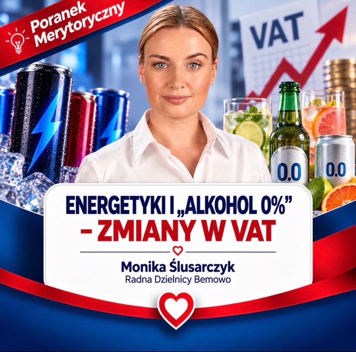 MSlusarczykKO's tweet photo. 7:30| PORANEK MERYTORYCZNY |
Rząd przyjął projekt zmian w VAT. Jednym z jego elementów jest ujednolicenie stawki VAT do 23% dla wybranych napojów energetyzujących oraz bezalkoholowych odpowiedników napojów alkoholowych, które obecnie – dzięki zawartości co najmniej 20% soku – mogą korzystać z niższych stawek.

Projekt został przyjęty przez Radę Ministrów i czeka na dalszą ścieżkę legislacyjną.

🥤 Co dokładnie ma się zmienić?

Zmiana obejmie bezalkoholowe odpowiedniki napojów alkoholowych, https://t.co/smUSoehMYs. piwa, wina, cydru czy drinków, a także napoje energetyzujące zawierające kofeinę lub taurynę – jeżeli zawierają co najmniej 20% soku.

Obecnie takie napoje mogą korzystać ze stawki 5% VAT w sprzedaży detalicznej lub 8% w ramach usług gastronomicznych. Projekt zakłada objęcie ich stawką 23% VAT.

🏥 Dlaczego?

W uzasadnieniu wskazano przede wszystkim kwestie związane z polityką społeczną i zdrowotną. W przypadku energetyków zwrócono uwagę na ich wpływ na samopoczucie i zdrowie młodych ludzi. W przypadku napojów imitujących alkohol – na kształtowanie nawyków i skojarzeń związanych ze spożywaniem alkoholu.

📌 Ważne: na razie mówimy o projekcie ustawy, a nie o obowiązujących już przepisach. Przed nim dalsza ścieżka legislacyjna.

Mała zmiana podatkowa, ale stoją za nią znacznie szersze pytania o profilaktykę i zdrowie publiczne.

☕ A ja, jak zawsze, zostawiam Was z konkretem na początek dnia.

Dobrego ! ❤️

#PoranekMerytoryczny #Zdrowie #Profilaktyka #VAT #MonikaŚlusarczyk #KoalicjaObywatelska