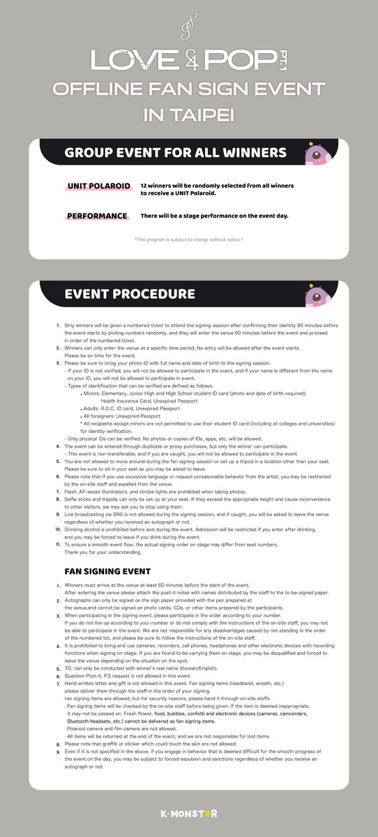 KMONSTAR_GLOBAL's tweet photo. 👾 tripleS <LOVE&POP> pt.1 OFFLINE FAN SIGN EVENT in TAIPEI

👾 EVENT DATE: 26.10.17. (SAT) 14:30 (TST)
👾 ENTRY PERIOD: 26.09.23. (WED) 14:00 ~ 26.09.29. (TUE) 23:59 (TST)
👾 WINNER ANNOUNCEMENT: 26.10.01. (THU) after 17:00 (TST), Winners will be announced individually

Please check the banner⭐️

#tripleS #트리플에스
#ASSEMBLE26 #LOVEnPOP