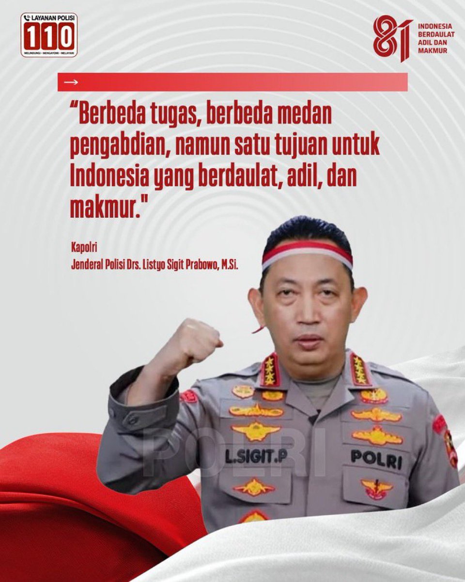 Res1Tulungagung's tweet photo. Kapolri Jenderal Polisi Drs. Listyo Sigit Prabowo, https://t.co/MO6YLgywzt., mengajak masyarakat memaknai kemerdekaan sebagai perjuangan yang harus dijaga melalui persatuan dan pengabdian kepada bangsa.

Mari Bersama #JagaKeamananKetertiban Wujudkan Toleransi Berbangsa Indonesia https://t.co/cBowYE2qCH