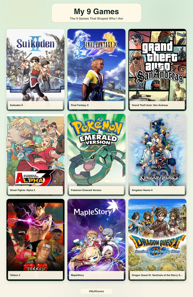 Chorrozard's tweet photo. 9 games that shaped who I am: 
Suikoden II
Final Fantasy X
Grand Theft Auto: San Andreas
Street Fighter: Alpha 3
Pokemon Emerald
Kingdom Hearts II
Tekken 3
Maplestory
Dragon Quest IX: Sentinels of the Starry Skies

Some of these aren’t my favorite games, but they changed me! https://t.co/ZtzMEOcFEc