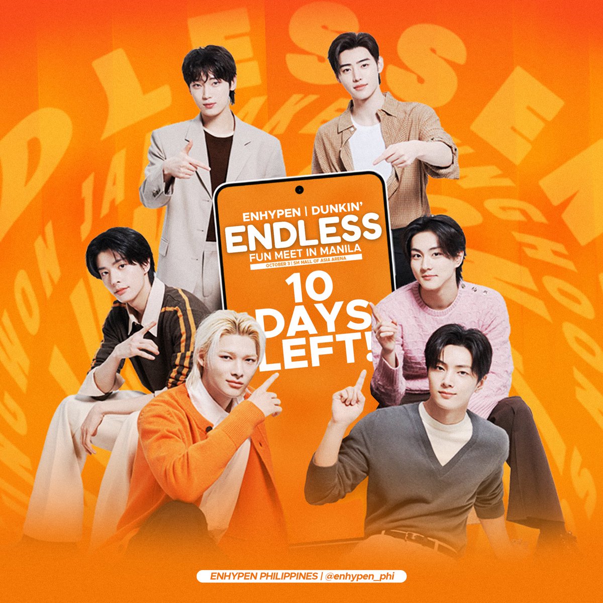 ENPHI_Team's tweet photo. SAMPUNG ARAW NALANG! 😍🍩

ENHYPEN is set to return to Manila for their DUNKIN’ PH ENDLESS Fun Meet this October 3! 

Handa na ba kayo, FILO ENGENEs?! Kita tayo soon~! 💗

#DunkinPH_ENDLESS #ENDLESSFunMeet #ENHYPEN https://t.co/VPvQmVfvSF