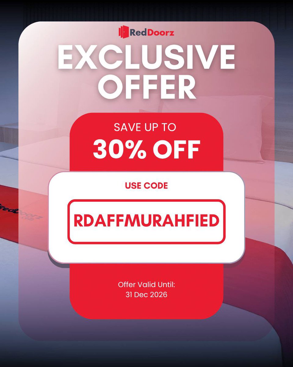 nonapilled's tweet photo. VOUCHER PROMO HOTEL MURAH REDDOORZ

- Book kamar dari web atau app https://t.co/NhGC3xRDdf 
- Masukkan kode voucher: RDAFFMURAHFIED

Nikmati diskon up to 30% dan staycation murah aman di kantong!

#hotelmurah #promohotel #reddoorz #kodepromo #voucherhotel #penginapanmurah https://t.co/XXrfyrYEiT