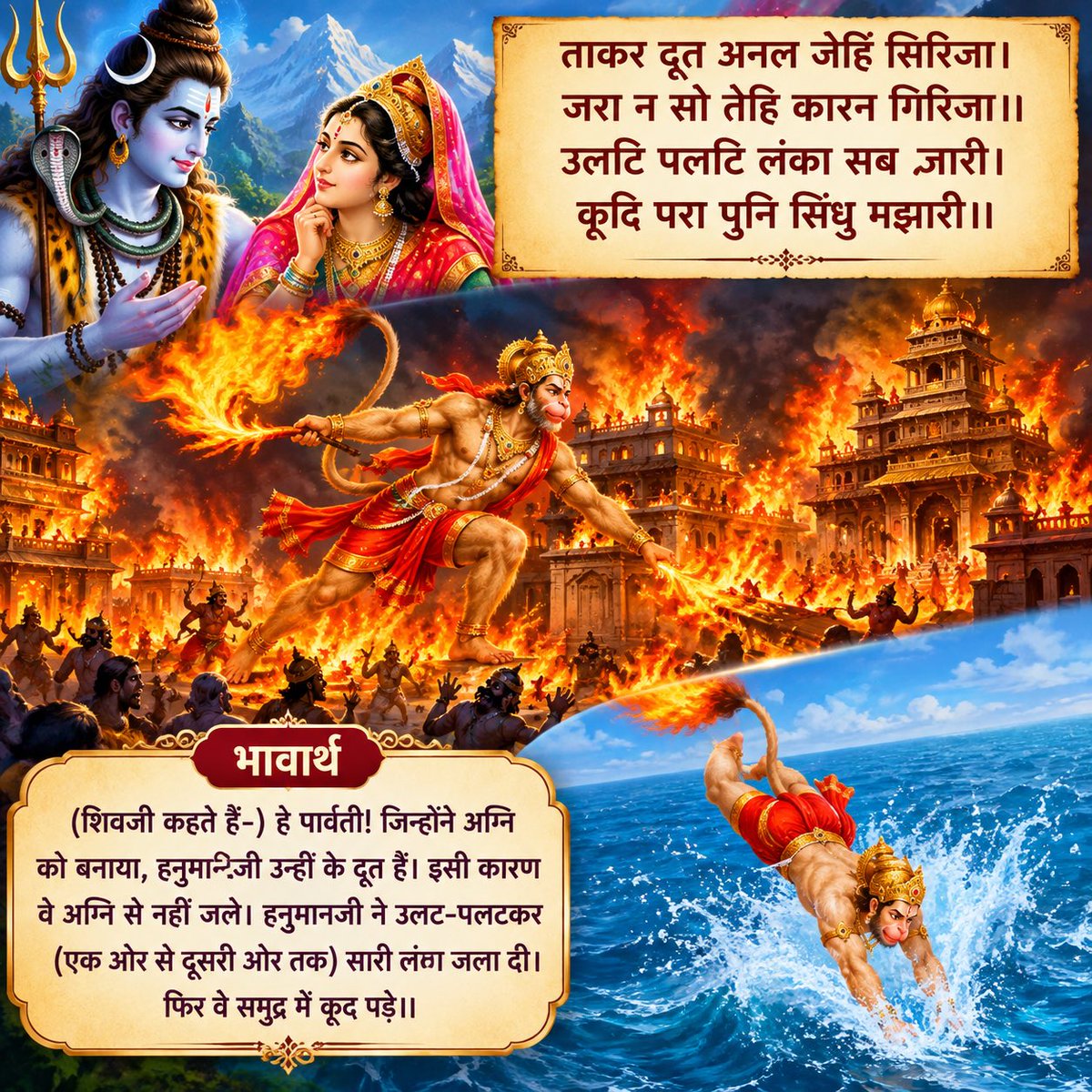 Ramlal's tweet photo. ॥सुंदर कांड॥

ताकर दूत अनल जेहिं सिरिजा। जरा न सो तेहि कारन गिरिजा॥उलटि पलटि लंका सब जारी। कूदि परा पुनि सिंधु मझारी॥

भावार्थ:-(शिवजी कहते हैं-) हे पार्वती! जिन्होंने अग्नि को बनाया, हनुमान्‌जी उन्हीं के दूत हैं। इसी कारण वे अग्नि से नहीं जले। हनुमान्‌जी ने उलट-पलटकर (एक ओर से दूसरी ओर तक) सारी लंका जला दी। फिर वे समुद्र में कूद पड़े॥

#RamCharitManas
#SundarKand