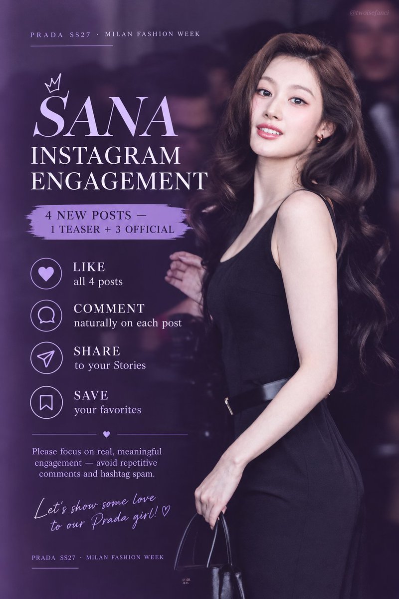 twoisefansi's tweet photo. Sana has 4 new posts from her Prada SS27 appearance !

Let’s give ALL FOUR posts strong engagement:
❤️ LIKE all 4 posts
💬 LEAVE a genuine comment on each post
📤 SHARE the posts to your Stories
🔁 SHARE them with other fans/friends 

📎:https://t.co/CH0EagqaH4 https://t.co/MlkD5AgcXU