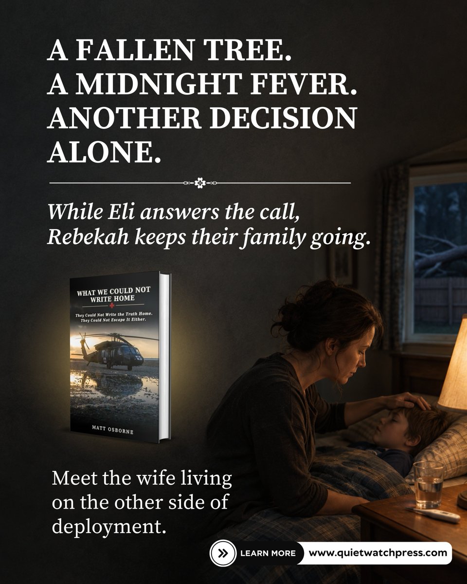 quietwatchpress's tweet photo. At home, the decisions keep coming.

In What We Could Not Write Home, I give Rebekah’s days room on the page: a fallen tree, a child’s fever, another decision without Eli beside her.

#militaryfiction #militaryspouse #militaryfamilies #deploymentstories #historicalfiction https://t.co/VPmXGuZ94s