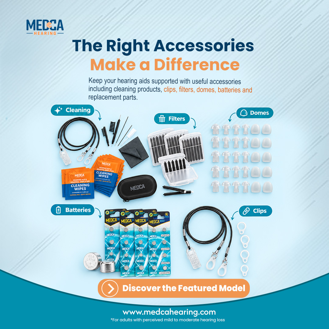 MedcaHearing's tweet photo. Keep your hearing aids in top shape with the right accessories. 

From replacement parts to cleaning essentials, find what you need for easier everyday care.

Shop now : https://t.co/YXWPuVMPPU

#MEDcaHearing #hearingaids #hearingaccessories #hearingcare #hearinghealth https://t.co/TekNmrFwZQ