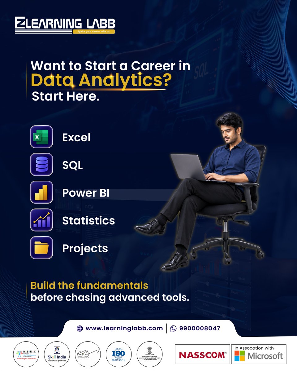 learninglabb's tweet photo. Starting a career in Data Analytics? 

Focus on the fundamentals first: Excel, SQL, Power BI, Statistics, and practical projects. 

Build a strong foundation before moving to advanced tools. 
Strong data careers start with strong fundamentals.

#DataAnalytics #DataAnalyst #Excel https://t.co/FgrNc0zEVK