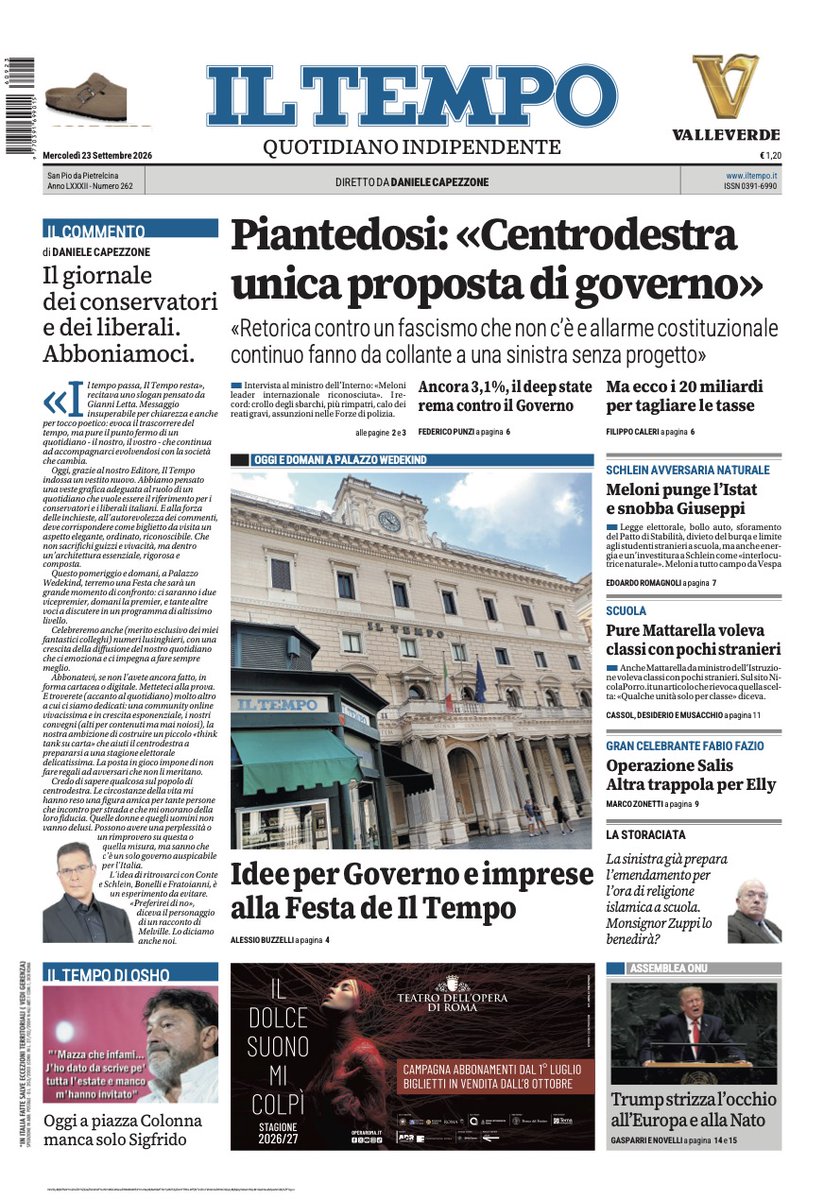 tempoweb's tweet photo. Ecco la nostra prima pagina, con una grafica completamente rinnovata
📌 Intervista a Piantedosi: “Centrodestra unica proposta di governo”
📌 Oggi la Festa de Il Tempo con governo, imprese, commentatori
📌 Meloni punge l’Istat e snobba Giuseppi
🗞 #23settembre #buongiorno https://t.co/DIW8qnfPZP