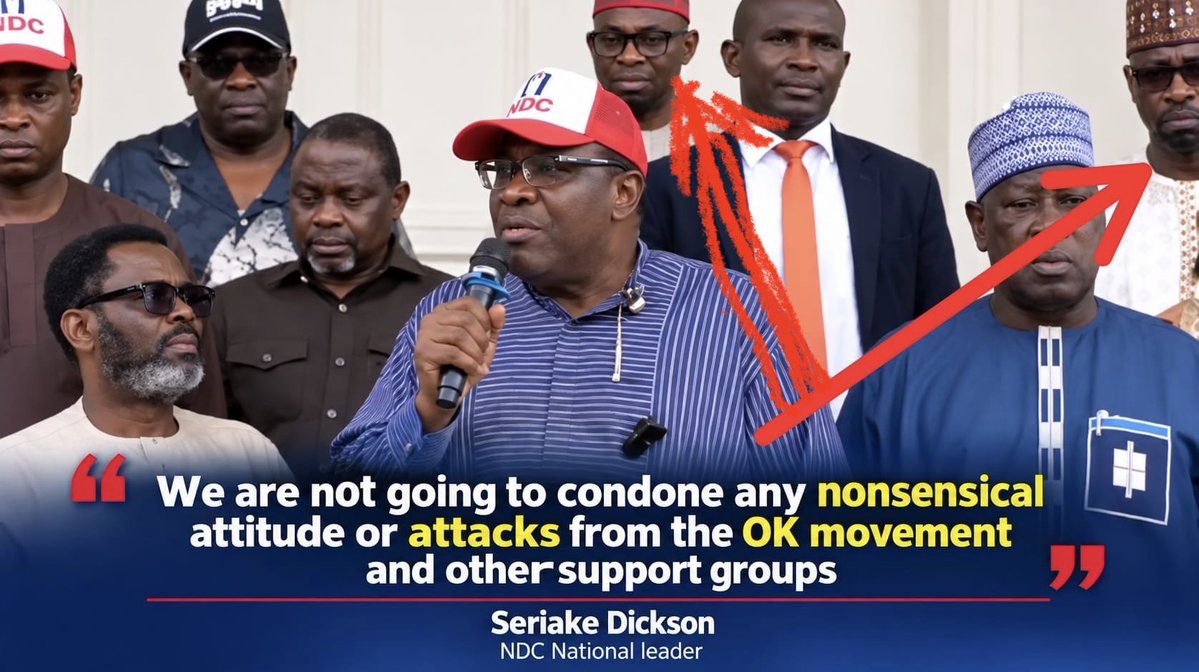 parrot937's tweet photo. These two idiots (arrow pointed), think @iamHSDickson, will go along with their nonsense after he gave them a platform. @PeterObi wanted to use the NDC as an SPV, then abandoned the vehicle when it ran out of fuel. The ruler is now speaking sense to their brain, if they could not hear it from Nigerians. @PeterObi can never beat his chest and claim he was unaware of the campaign council; we all know he will lie and say that he didn’t know about it.