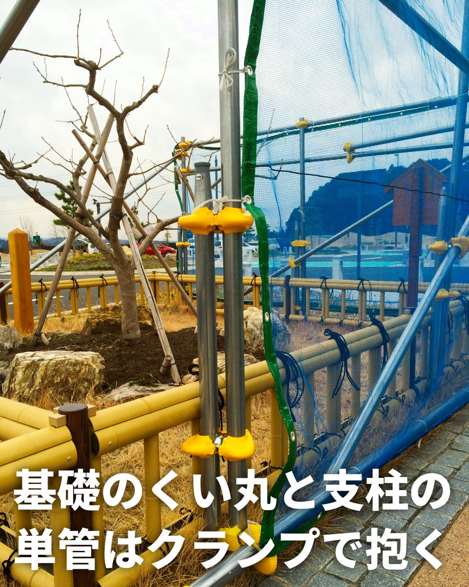 kuicks's tweet photo. 強風から野菜や庭木を守る「防風ネット」🍃 倒れない設置のポイント��3つ！
1.単管パイプで補強しやすいフレームに
2.斜めの「控え」で風の力を分散
3.基礎固定にはクランプが使える「くい丸」
★長い杭を打つ手間を減らす「さや管工法」もおすすめ。基礎と支柱を分けてラクに施工できます💡 https://t.co/zVT7CobGjN