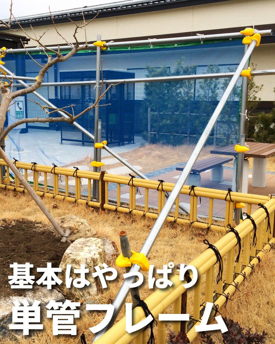 kuicks's tweet photo. 強風から野菜や庭木を守る「防風ネット」🍃 倒れない設置のポイント��3つ！
1.単管パイプで補強しやすいフレームに
2.斜めの「控え」で風の力を分散
3.基礎固定にはクランプが使える「くい丸」
★長い杭を打つ手間を減らす「さや管工法」もおすすめ。基礎と支柱を分けてラクに施工できます💡 https://t.co/zVT7CobGjN