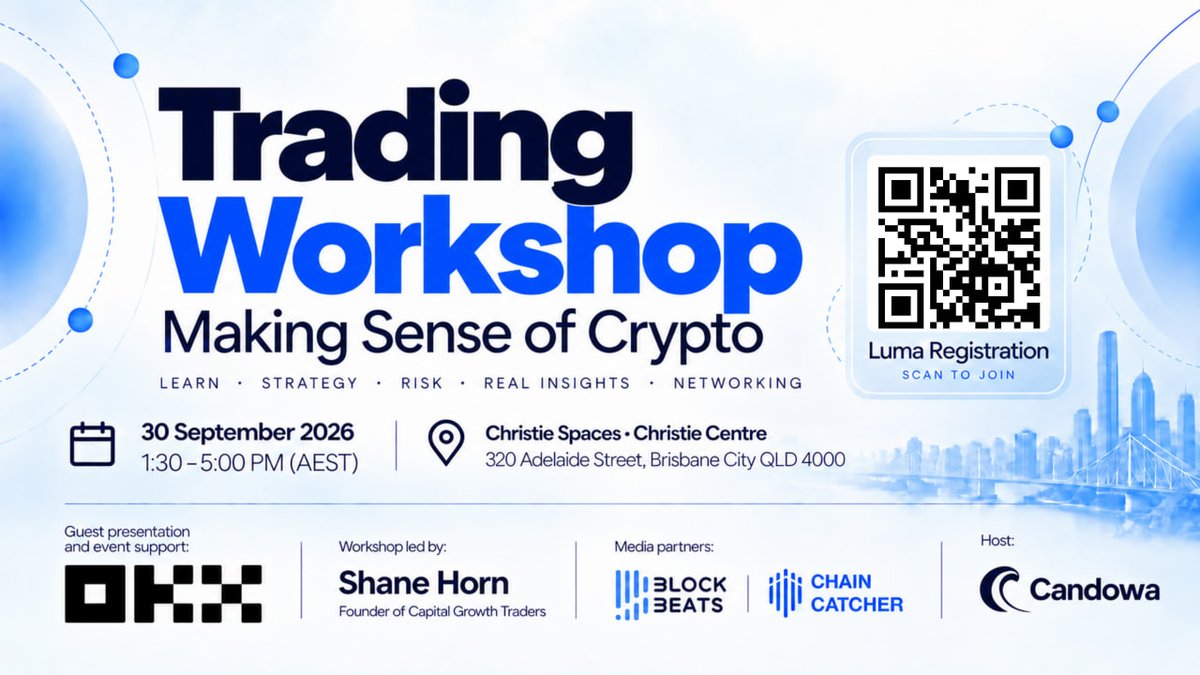 candowa_au's tweet photo. 🌇 Brisbane, join us on 30 September for an afternoon of practical trading insights, conversation and networking.

Trading Workshop brings together people who value a thoughtful, disciplined approach to digital assets.

🎯 Learn with Shane Horn
The founder of Capital Growth Traders and AI Trading Coach draws on over a decade of full-time trading to share practical lessons in understanding markets, trading frameworks and managing risk.

🌐 Meet @OKXAustralia
Explore its global trading capabilities, AUD funding options and services for active traders. Speak directly with the Australian team about trading tools, fees and VIP eligibility.

💬 Bring your questions, 🤝 meet other market participants and ☕️ continue the conversation over afternoon tea.

📅 30 September 2026 | 1:30–5:00 PM
📍 320 Adelaide Street, Brisbane City

🔗 Limited seats. Register NOW 👇
https://t.co/bOdDRn6k64

For networking, education and experience-sharing only. No live trading or personalised financial advice.