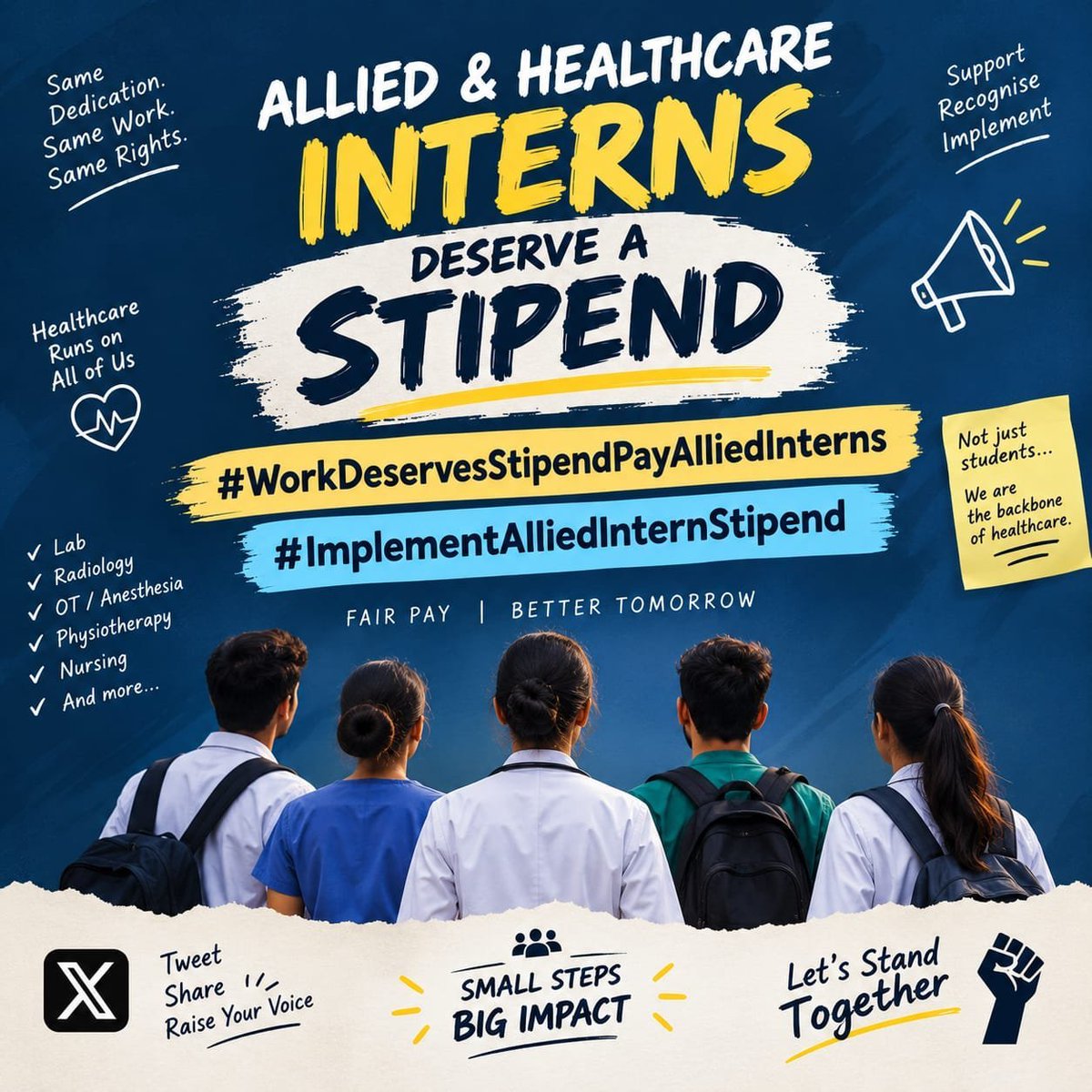 shahanawaz89713's tweet photo. Hum hospitals aur laboratories mein practical/clinical responsibilities perform karte hain. Isliye Allied &amp; Healthcare students ke liye bhi ek उचित और सम्मानजनक stipend policy banayi jaye. #lmplementAliedlnternStipend #WorkDeservesStipendPayAlliedinterns https://t.co/fKnLN6d0or