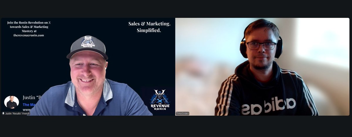TimoCodes's tweet photo. What could be a better way to start the day than a great chat with the Revenue Ronin Grand Master @JustinRFrench 

We be cooking. Also amazing space coming up in 8hrs https://t.co/jhUqyp9dCA