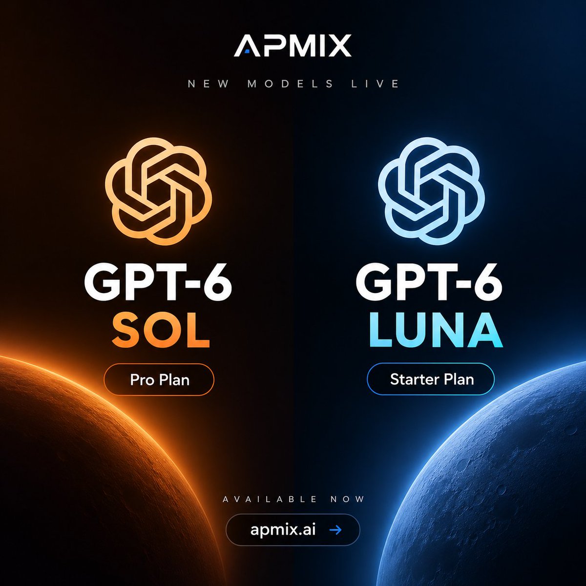 ApmixAi's tweet photo. 🚀 Two new models are now live on APMIX

GPT-6 Sol
Available on the Pro plan 14.99$

GPT-6 Luna
Available on the Starter plan 4.99$

Both models are available now through the APMIX API and can be used with your existing API key.

https://t.co/vzTTj2konB https://t.co/gxMPP9ABnk