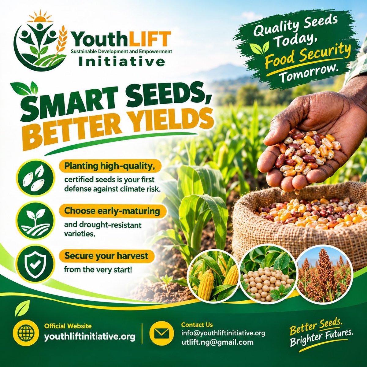 YouthLIFT's tweet photo. Smart Seeds, Better Yields.
Start smart. Plant smart. Harvest better. 🌾

#YouthLIFT #SmartSeeds #BetterYields #ClimateSmartAgriculture #CertifiedSeeds #DroughtResistant #EarlyMaturingSeeds #SustainableAgriculture #FoodSecurity #ClimateResilience #YouthInAgriculture #sokoto2026 https://t.co/z5qclitNIp