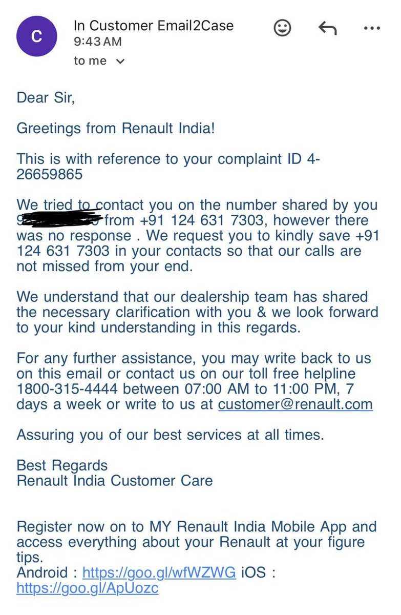 14kunalagarwal's tweet photo. @RenaultIndia This is the message I got from your customer care team, I tried to call back but couldn't connect. Its been days since I have reached out to you guys, but the response has just been standard without any responsibility. They are just communicating what the dealer is saying.. https://t.co/qJunzKBmxT