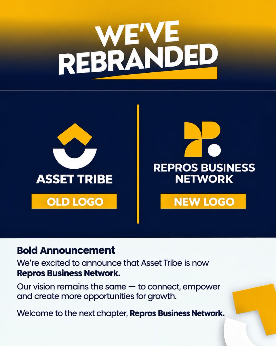 propertyvaultt's tweet photo. ✨ SAME TRUST. NEW IDENTITY. BIGGER VISION.

Asset Tribe is now REPROS BUSINESS NETWORK. 🚀

We’re building more than a network — we’re connecting people, businesses, investors, and professionals through opportunities, collaboration, and growth.

Welcome to the next chapter. 💫 https://t.co/R2MDHD0SZf