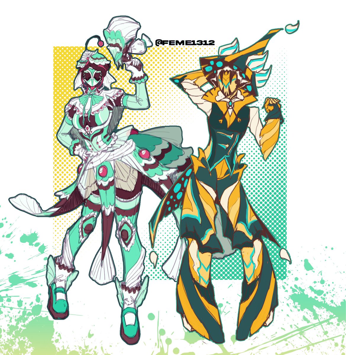 Feme1312's tweet photo. yareli mint choco cake and nokko pumpkin cake 
#warframefanart https://t.co/viprlul9cD