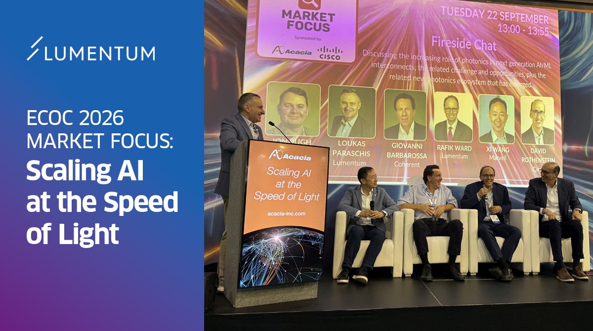 Lumentum's tweet photo. At the #ECOC2026 Market Focus program, @Lumentum’s Loukas Paraschis and Rafik Ward had a lot to share on “Scaling AI at the Speed of Light.”

Tune in for tomorrow’s presentations and check out our in-booth demos: https://t.co/3MKCMWaugc

📅 Last day: Sept. 23, 2026
📍 Stand 2050 https://t.co/3Ks5jR2nYp