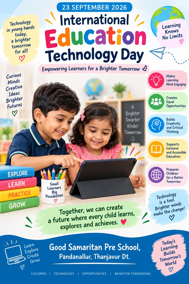 GSpsPandanallur's tweet photo. 💻🌍 Technology doesn’t replace learning—it opens new doors to it.

🌱 Today’s curious learners are tomorrow’s innovators.

Good Samaritan Pre School, 
Pandanallur, Thanjavur District.
Ph.: +919790102900, +919791102900.

Admissions Open for 2026-27...
Enroll Now... https://t.co/2p1qaHWCSo