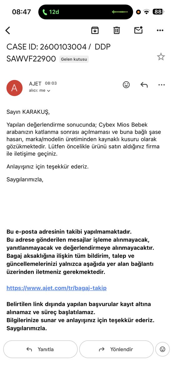 MgeNaz4's tweet photo. @AJ_Destek Bebekli bir aileyi mağdur ediyorsunuz. Üzerine hasarı karşılamamak için ürün üretimden kusurlu diyorsunuz. Uçağa binmeden önce sağlam olduğuna dair görüntülerim var elimde. Özensiz bir iş yaptığınız belli ki, bana attığınız mail Cybex mios bebek arabası yazıyor. https://t.co/7ltnZoWbDN