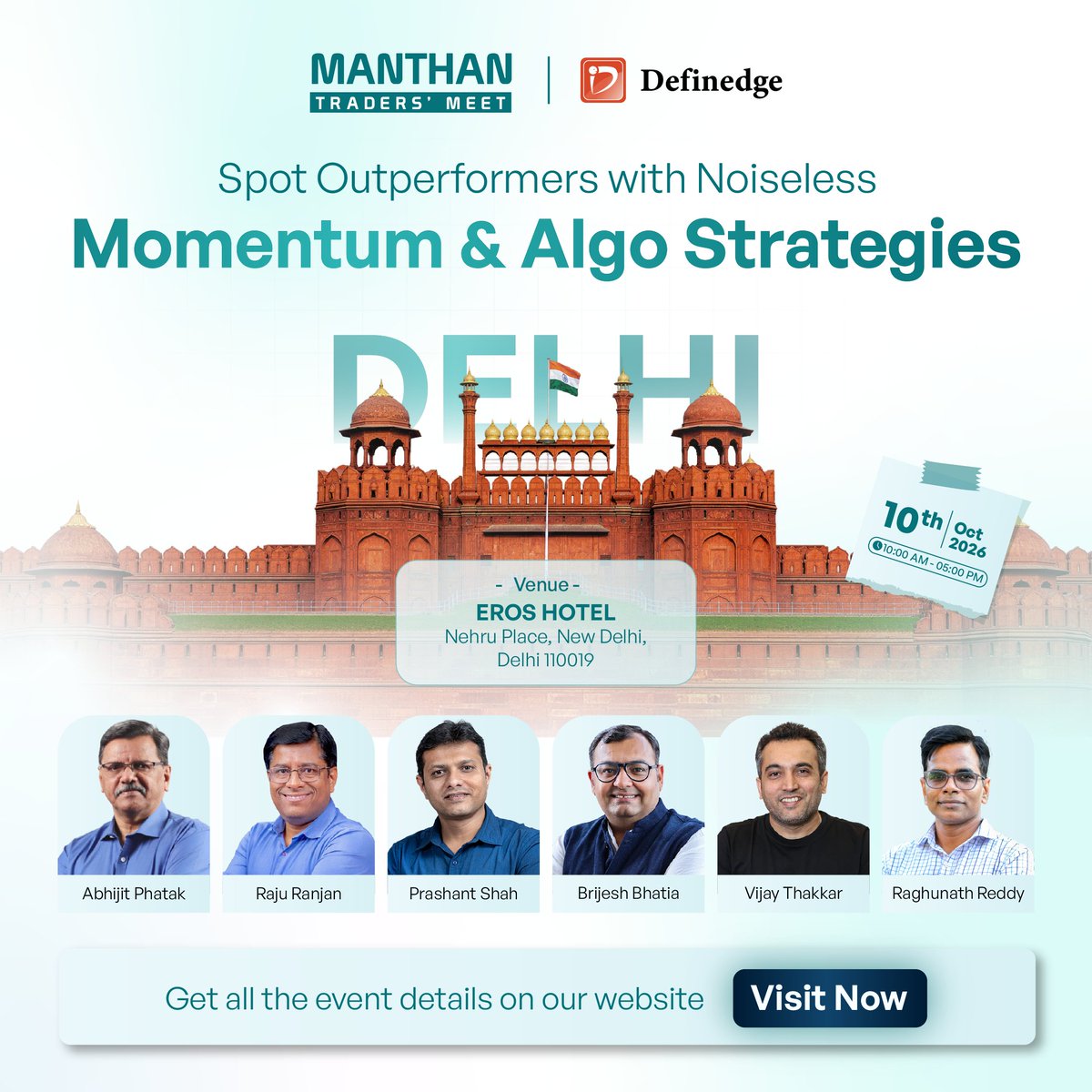 Definedge's tweet photo. Momentum is easy to spot in hindsight. The difficult part is knowing what to do with it in real time.

A stock is moving. The trend looks strong. But then the questions begin.

▶️Is this genuine momentum or just noise?
▶️Is the move worth entering?
▶️Where does the setup become invalid?
▶️And how do you turn an observation into a repeatable process?

That is where structured learning can make a difference.

MANTHAN is built around this very idea: going beyond simply understanding momentum to learning how to identify, evaluate and act on it through a systematic approach.

From momentum engines and portfolio building to rule-based trading, strategy building, intraday trading, options and algo strategies, the learning spans different ways of approaching momentum in the markets.

And the community aspect matters just as much. 

Because trading is rarely about learning one perfect strategy. It is about continuously refining how you read the market, test an idea and build a process around it.

And the next MANTHAN is coming to Delhi on 10 October.
📍 EROS HOTEL, Nehru Place, New Delhi
📅 Saturday, 10 October 2026
⏰ 10:00 AM - 5:00 PM

With 1,00,000+ registrations, 10+ years of experience and a 4.8 community rating, MANTHAN reflects that learning journey at scale.

The goal isn't to predict every move. It is to become better at recognising the moves that matter.

Register Now - https://t.co/HKQ4QZ7Gcr