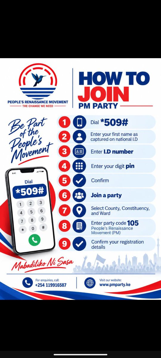 G_Koffie001's tweet photo. A new political chapter begins with participation. The PM Party is calling on Kenyans who share its vision to join the People’s Renaissance Movement through the registration process. #PMParty #PeoplesRenaissanceMovement #MabadilikoNiSasa https://t.co/T8dkzaEfhl