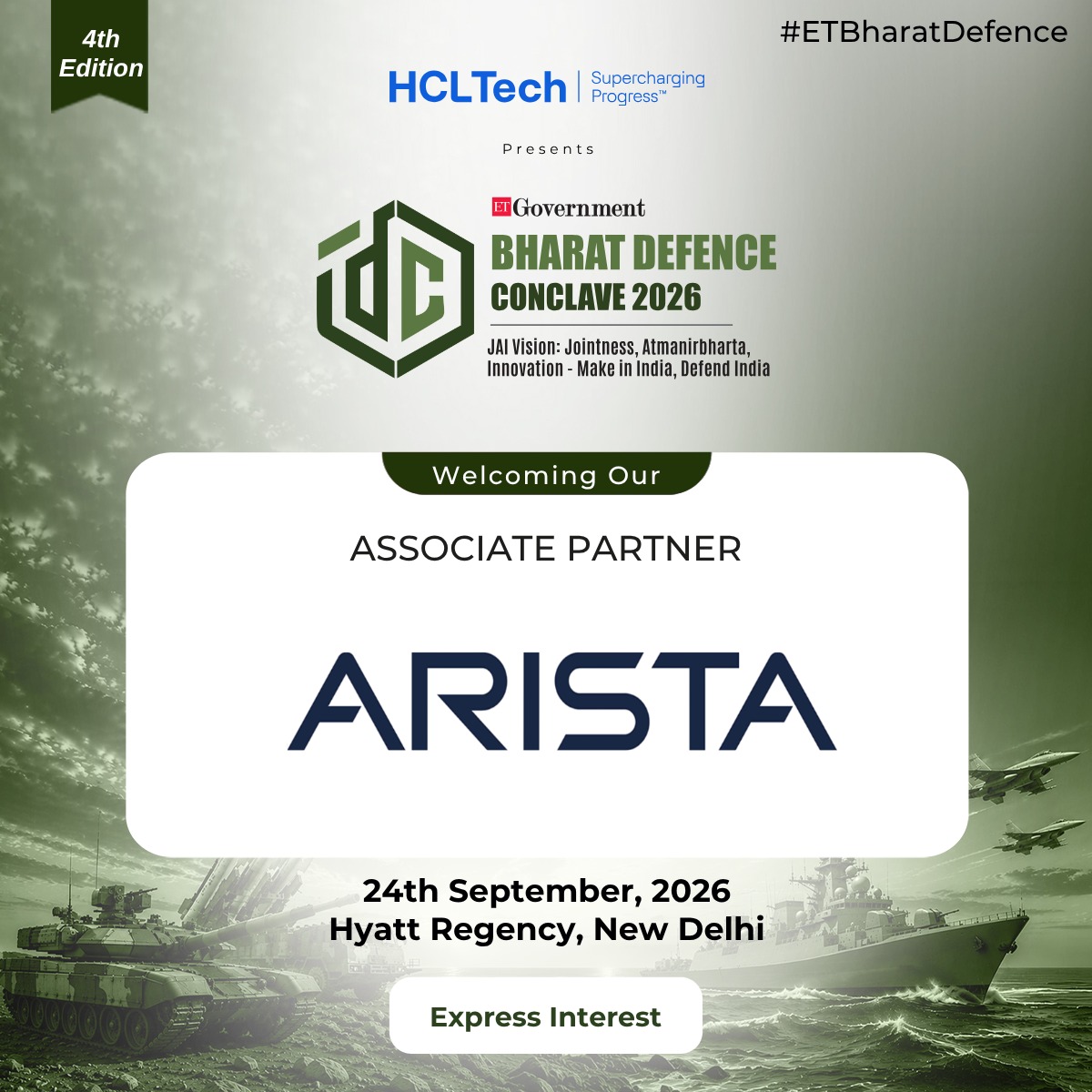 ET_Government's tweet photo. We are pleased to welcome Arista Networks as the Associate Partner for the 4th Edition of ETGovernment Bharat Defence Conclave 2026, presented by HCLTech.
Express Interest: https://t.co/2de4RQCZ4E
#ETBharatDefence #ETGovernment #BharatDefenceConclave #HCLTech #AristaNetworks https://t.co/fa5dZjUMBJ