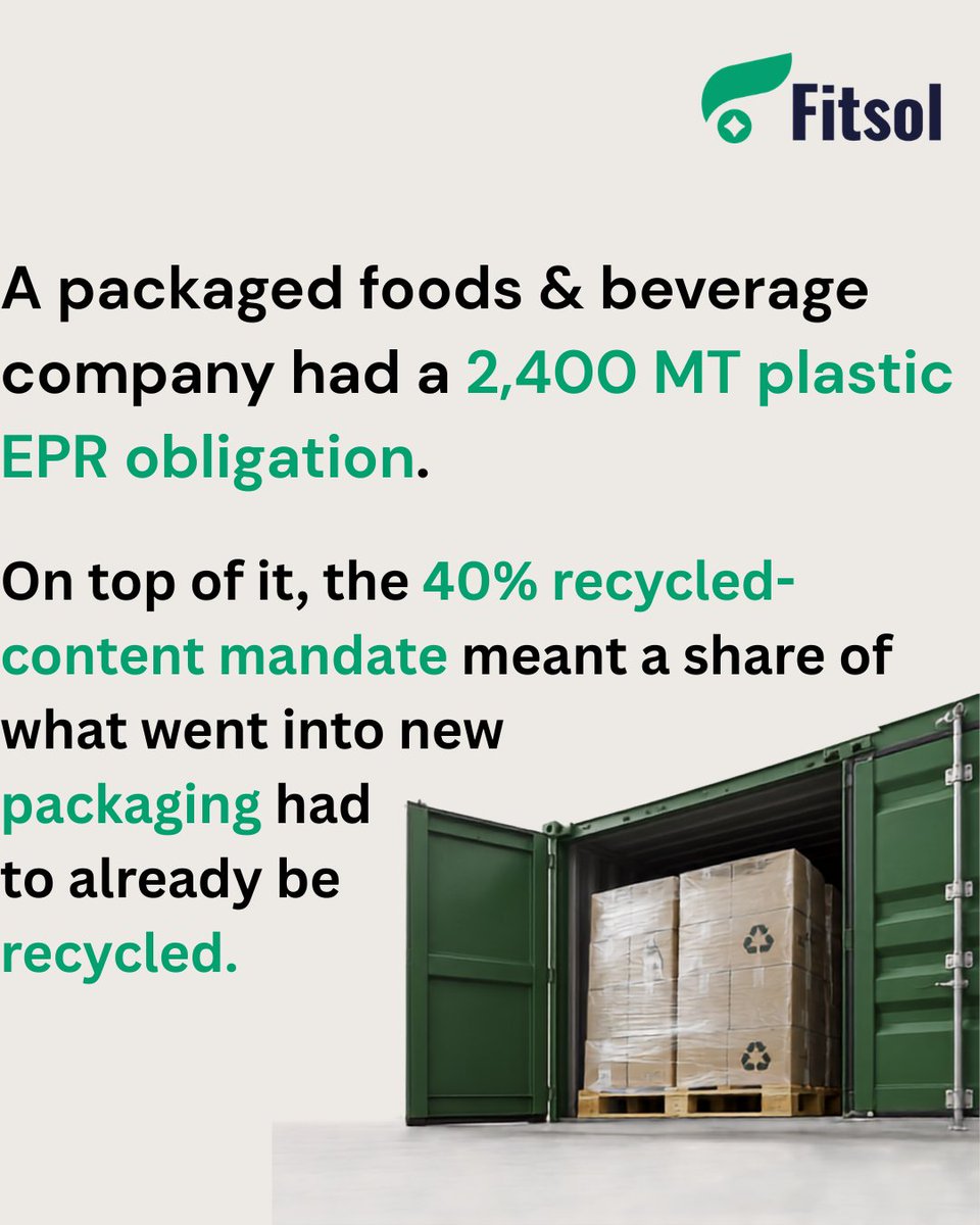 Fitsol_green's tweet photo. 2,400 MT EPR obligation. A 40% mandate. One F&B manufacturer redesigned instead of just complying — 12% lighter, cheaper recycled sourcing.
Not compliance. Configuration.
https://t.co/ibryh8fjfD
@anandpathak09 @akshaytandon08 @scorpiosunil
#Circularity #EPR https://t.co/gixAkZWbLy