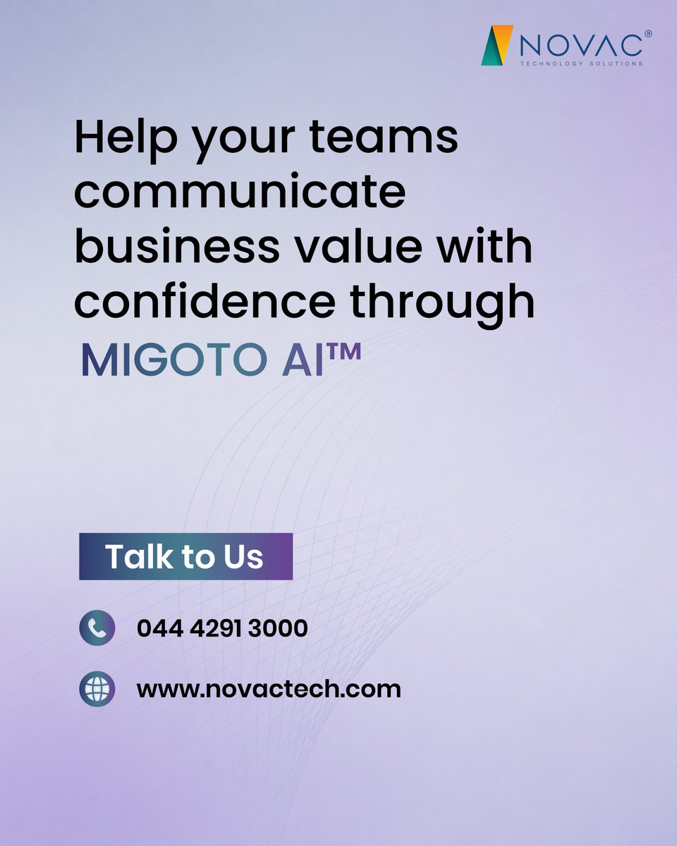 NovacTechnology's tweet photo. Mistakes to avoid while pitching to customers - Part 5 

Sales conversations are not always about features, but about connecting them to business goals. 

Explore more about #MIGOTO AI™: https://t.co/KLmoWLnwOT 

#CustomerPictchingMistakes #Novac https://t.co/0EIXDQG64r