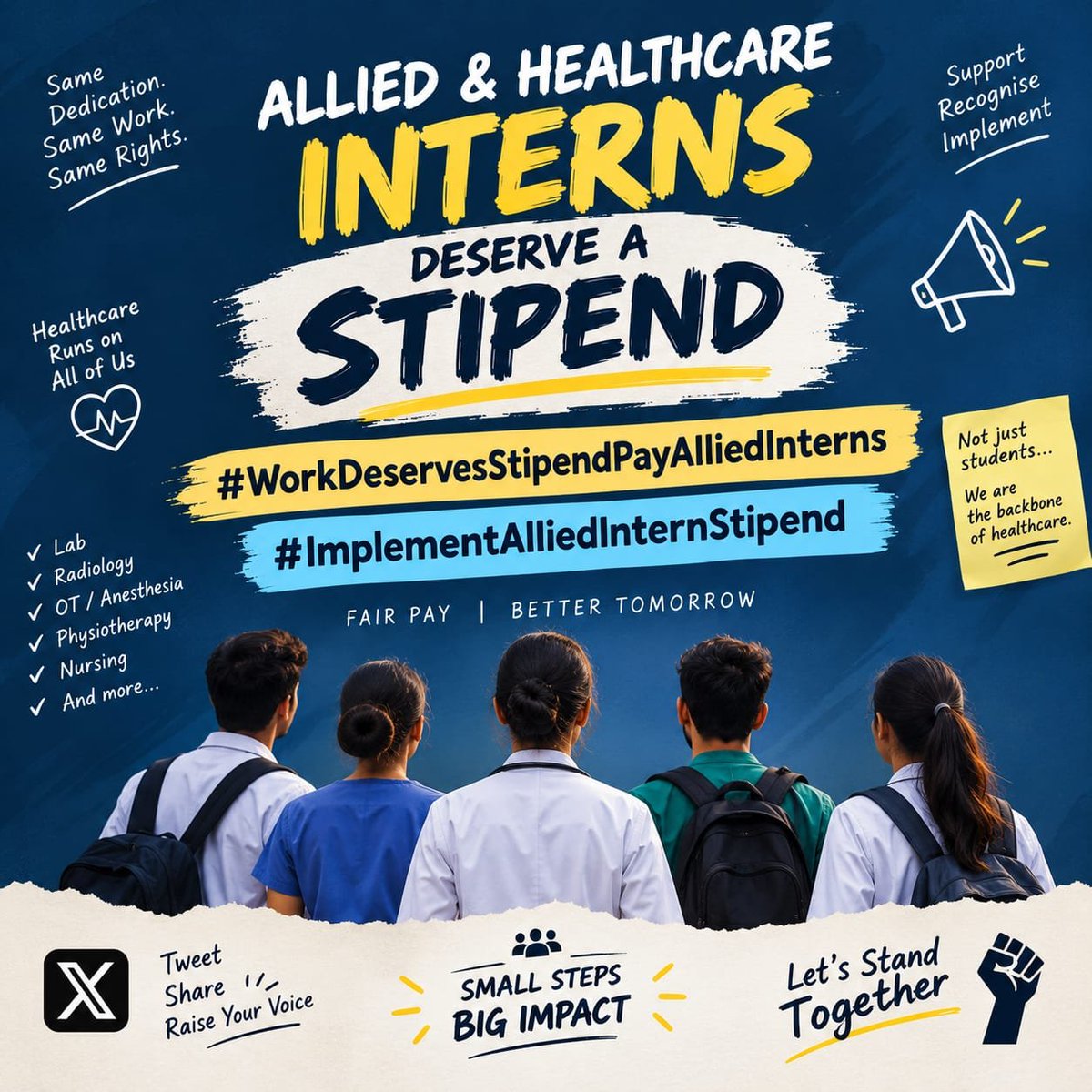NikhilK45570285's tweet photo. Allied &amp; Healthcare interns contribute to patient care and healthcare services during their clinical internship. We respectfully request fair stipend implementation for all Allied &amp; Healthcare @brajeshpathakup
@myogiadityanath @CMOfficeUP
#WorkDeservesStipendPayAlliedInterns https://t.co/HsoaiYzCf0