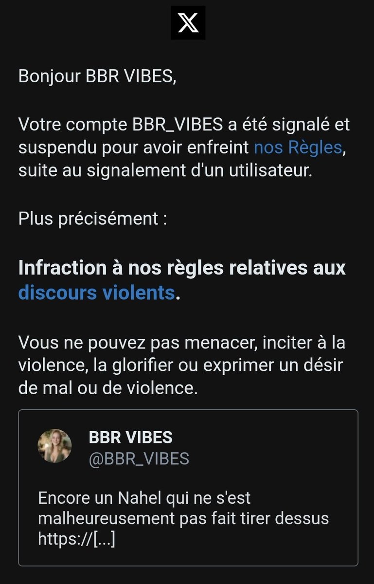 lelapindufutur's tweet photo. Le compte @bbr_vibes vient d'être définitivement suspendu pour ce tweet, qui réagissait à la mort d'une femme percutée par un chauffard de 17 ans. Pas de suspension de 7 jours ou même 30 : suspension DÉFINITIVE.

Merci de partager massivement pour faire bouger la modération https://t.co/ixWVnzk3bI