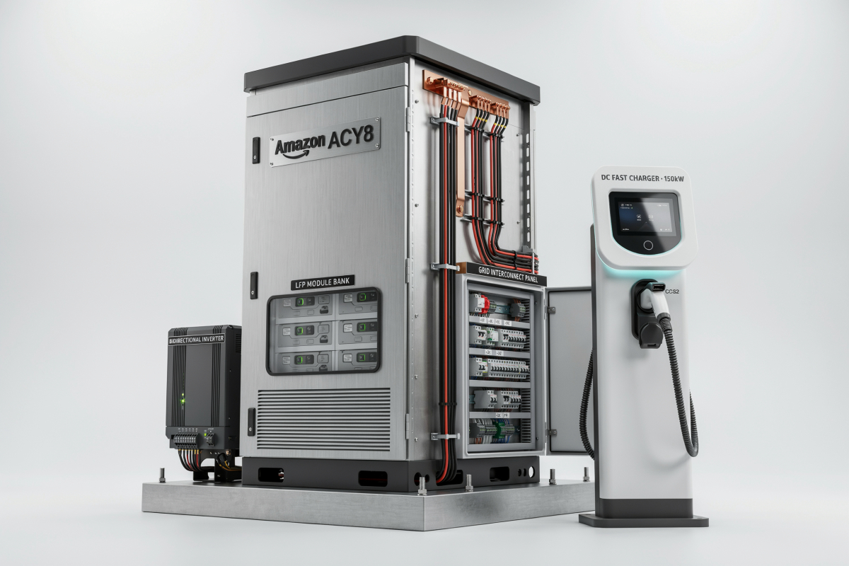 evfuturenews's tweet photo. Amazon launches ACY8, a modular battery storage and EV charging unit for homes and businesses. Supports up to 80 kWh LFP storage and 150 kW DC fast charging. #EVEngineering #BatteryTech

[2] https://t.co/SXB2ZUWt8t