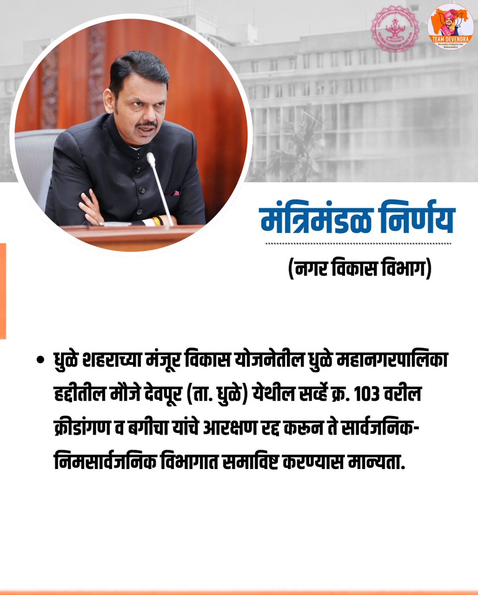 SaiShirpure's tweet photo. धुळे शहराच्या विकासाला चालना देत देवपूर येथील क्रीडांगण व बगीच्याचे आरक्षण रद्द करून सार्वजनिक-निमसार्वजनिक विभागात समावेश करण्यास मान्यता.
शहराच्या नियोजनबद्ध विकासासाठी महत्त्वपूर्ण निर्णय.
#DevendraFadnavis #Teamdevendra #CabinetDecision #DhuleDevelopment #UrbanDevelopment https://t.co/dLpRunOzlq