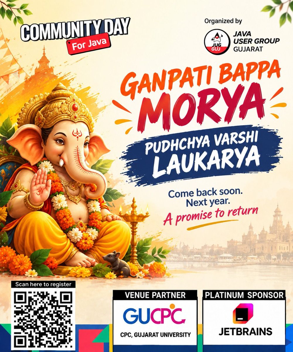 cd4java's tweet photo. Ganpati Bappa Morya, Pudhchya Varshi Laukarya. π
A farewell built around a promise to return β the same promise a community conference makes. Once a year, make it count, then wait.
This year's return date: 24 October.
#java #cd4j2026 #communitydayforjava https://t.co/n7Q4gVnOkv