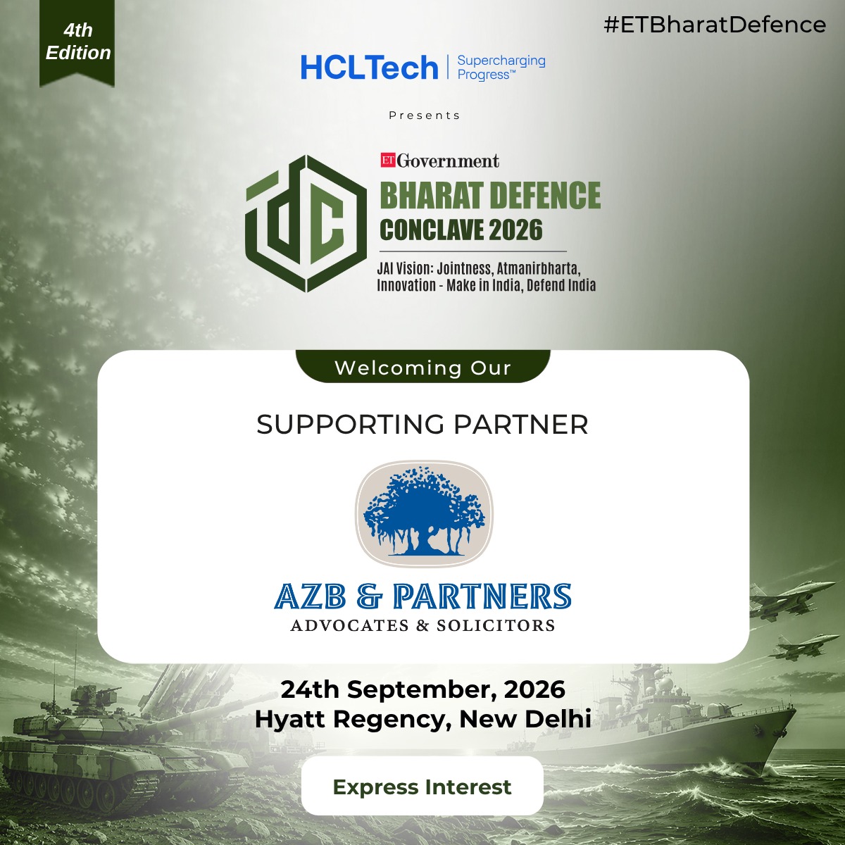 ET_Government's tweet photo. We are pleased to welcome AZB & Partners as the Supporting Partner for the 4th Edition of ETGovernment Bharat Defence Conclave 2026.
Express Interest: https://t.co/2de4RQCrf6
#ETBharatDefence #ETGovernment #BharatDefenceConclave #HCLTech #AZBPartners #DefencePolicy https://t.co/gHIjjdckMp