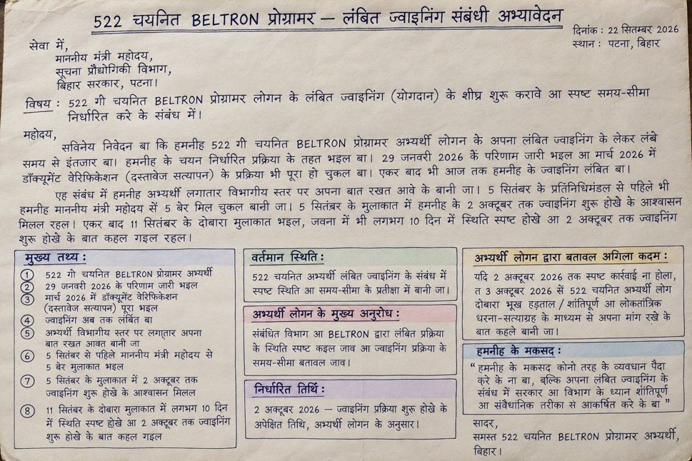sush101sush's tweet photo. जिस नौकरी से घर की जिम्मेदारियां संभालने की उम्मीद थी, वही ज्वाइनिंग आज 8 महीने से अधर में है।
#Deploy522BeltronProgrammer
@mishranitish @officecmbihar @samrat4bjp @bsedc https://t.co/N97Vl8rqCy
