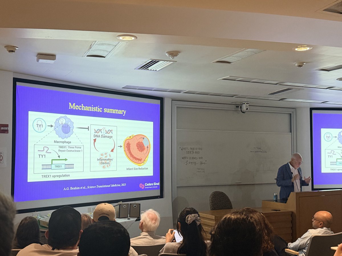 MR_Hatamnejad's tweet photo. Delighted to have @MarbanLab for an inspiring talk on translating cardiosphere-derived cell biology into RNA therapeutics. Fascinating insights into extracellular vesicles, Y RNA, macrophage reprogramming, tissue repair, and TY1; from discovery to clinical translation. #UCLA https://t.co/d6iSNctwUY