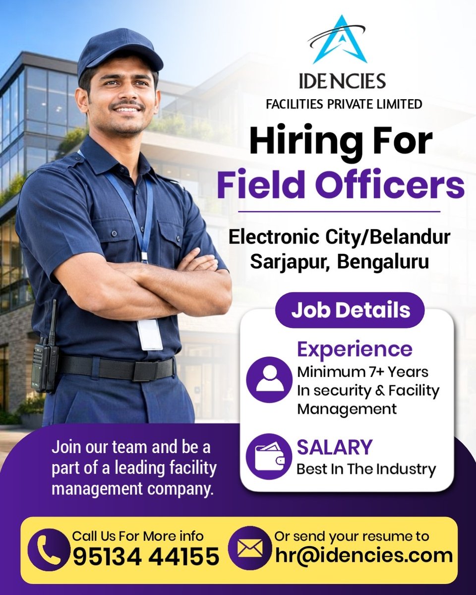 idencies05's tweet photo. WE ARE HIRING – FIELD OFFICERS!

IDENCIES FACILITIES PRIVATE LIMITED is looking for experienced Field Officers to join our team in Bengaluru.

Call: 9513444155
📧 Send Your Resume: hr@idencies.com 

#Hiring #FieldOfficer #JobVacancy #BengaluruJobs #BangaloreJobs #SecurityJobs https://t.co/TpuyjAV72R