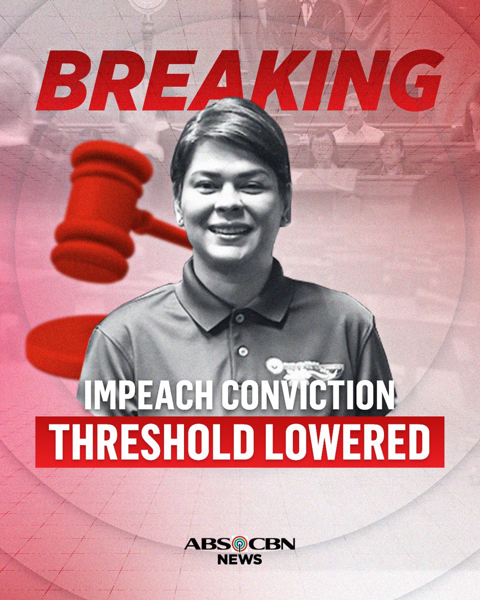 ABSCBNNews's tweet photo. CONVICTION THRESHOLD BINABAAN

BREAKING: The impeachment court lowers the vote threshold to convict VP Sara Duterte. #VPOnTrial https://t.co/JWedx37sax