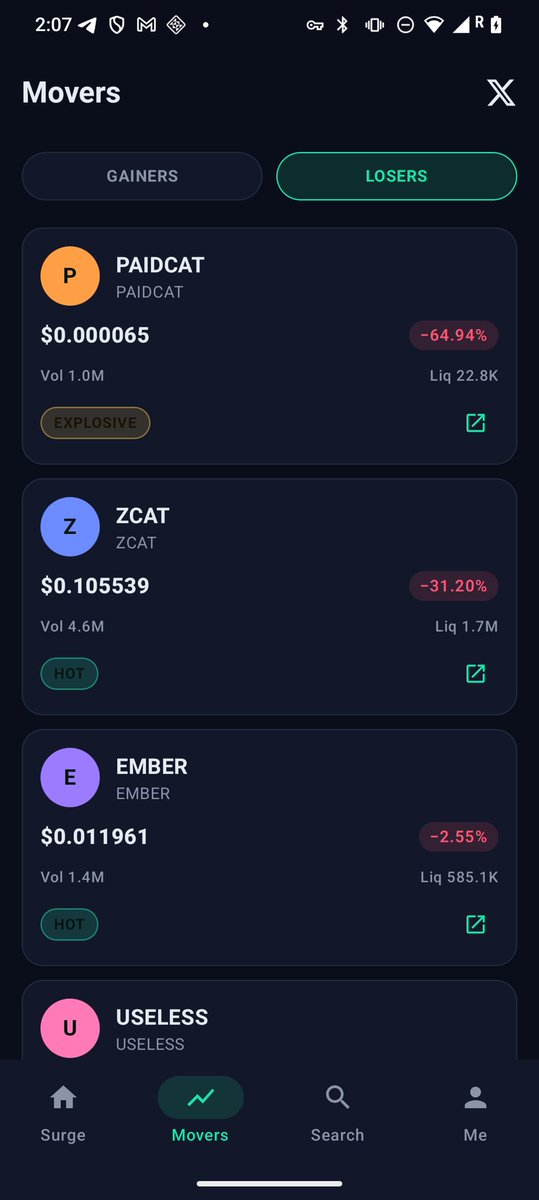 Surge_sol's tweet photo. Movers
Flip between GAINERS and LOSERS for the biggest 24h price swings, pulled straight from GeckoTerminal trending pools. 
Fast context on what's already run. https://t.co/wgmgdNao7Y