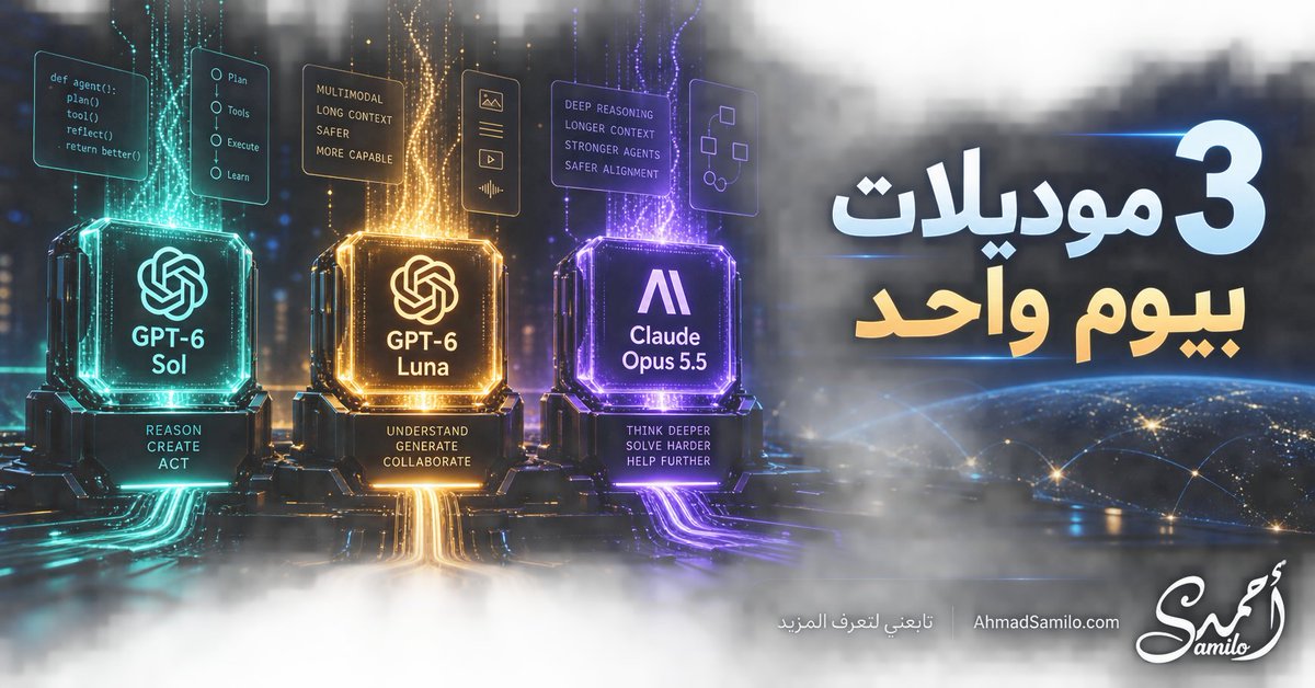 Ahmad_Samilo's tweet photo. 3 موديلات AI نزلوا بنفس اليوم! 🔥

OpenAI أطلقت GPT‑6 Sol للبرمجة والـAgents، وLuna للمهام الضخمة بأقل تكلفة، وAnthropic ردّت بـClaude Opus 5.5.

برأيي، الذكاء الحقيقي مو باستخدام أغلى موديل… بل باختيار الأنسب لكل مهمة.

#AI #OpenAI #Anthropic https://t.co/2aAw9DkJPc