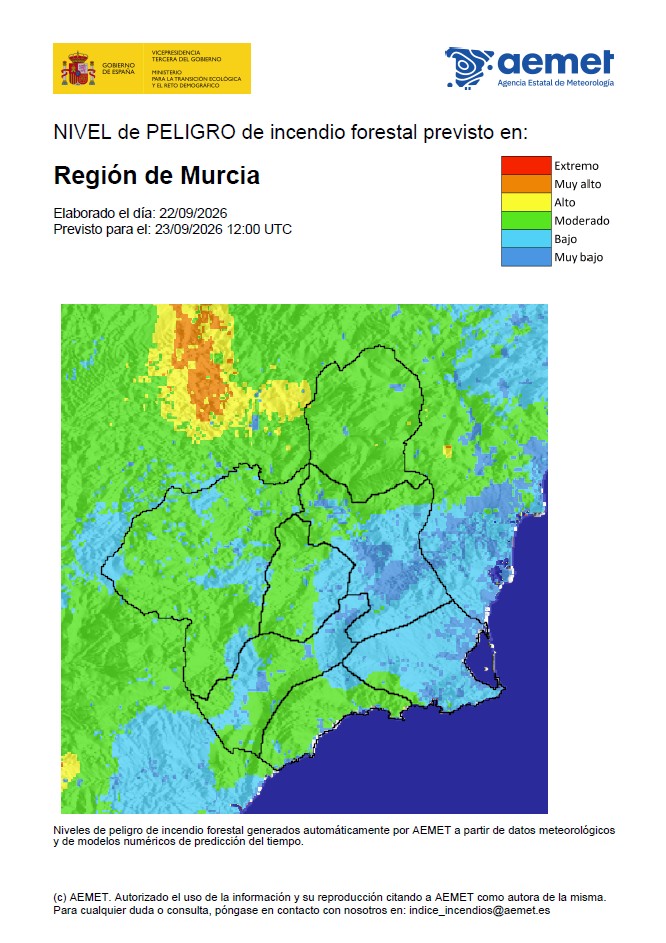 112rmurcia's tweet photo. ¡Buenos días!
El nivel de peligro de incendio forestal previsto por la @AEMET_Esp para hoy miércoles es:
🟢MODERADO en el Altiplano, Cuenca de Mula, Litoral oeste y Noroeste.
🔵BAJO en el Guadalentín, Litoral este y Vega Alta-Ricote-Murcia. https://t.co/ge9M5fyCZg